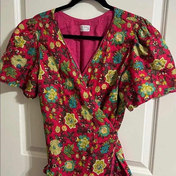 Sue Sartor medium or large Floral Red Dress with Tie Waist pink and green - Picture 2 of 6